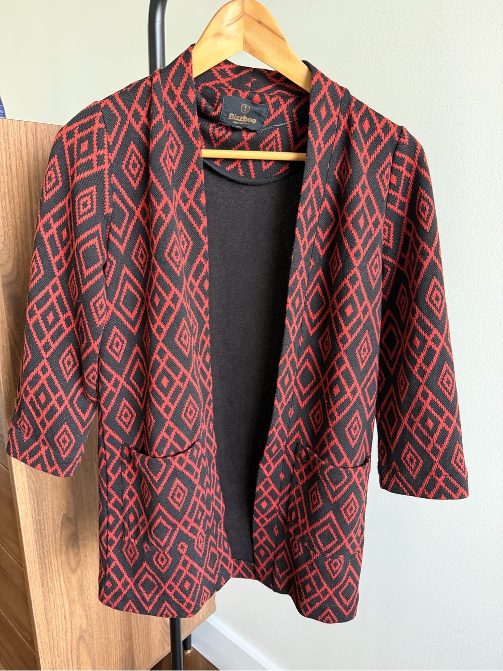 Bizzbee Red & Black Geometric Aztec Print Open-Front Cardigan Size XS